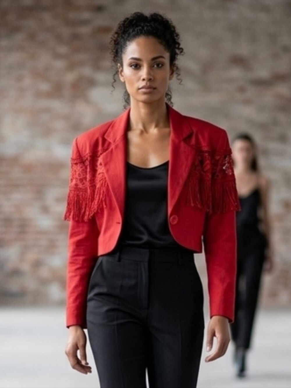 Addiction Red Cropped Fringe Lace Blazer